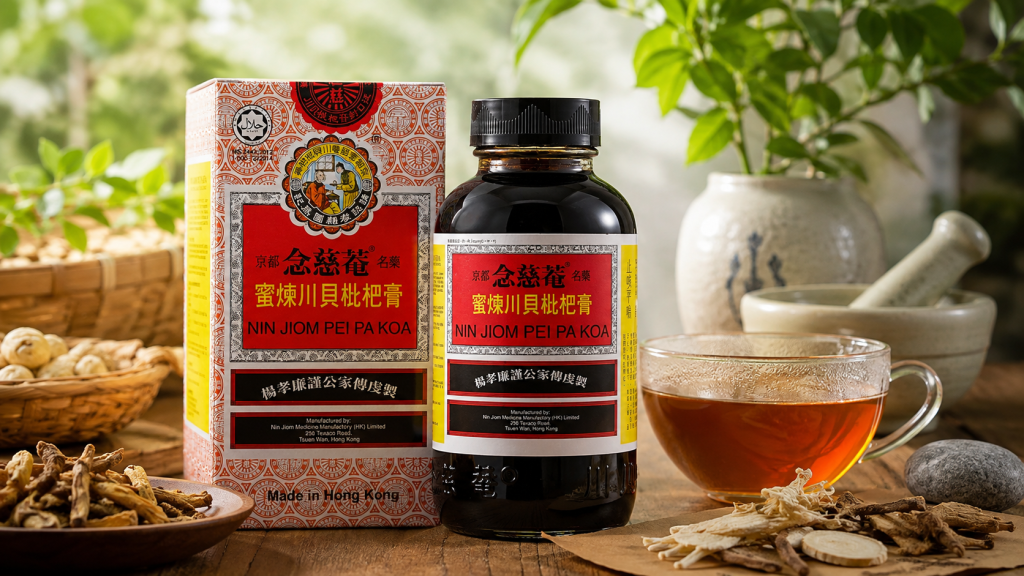 Natural remedy for sore throat with Chinese herbal medicine and Pei Pa Koa syrup