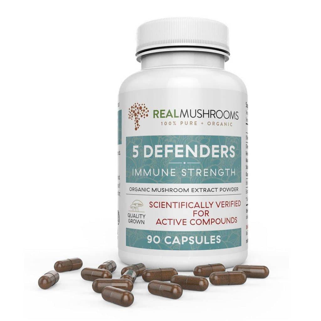 White bottle with 90 brown immune strength capsules, 100% pure and organic, immune strength, mushroom extract powder, scientifically verified for active compounds.
