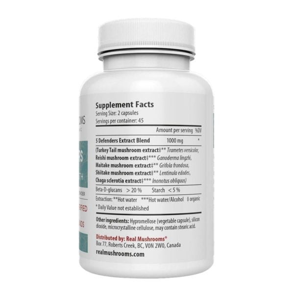 Bottle back label with supplement facts, serving size, ingredients, and distributor information.