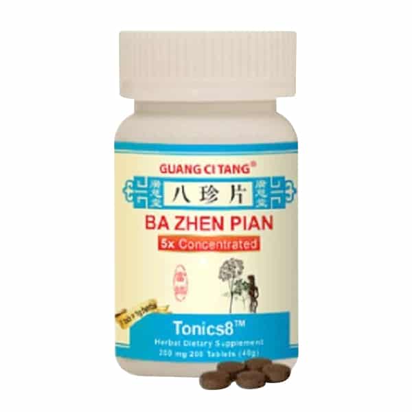 Bottle of 200 tablets of herbal dietary supplement, 5 times concentrated. English with chinese text.