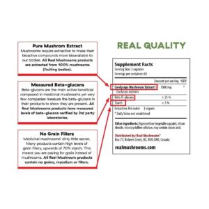Two parts. On the right side are supplement facts including serving size, ingredients, and distributor information. On the left side are ingredient highlights of pure mushroom extract, measured beta glucans, and no grain fillers.