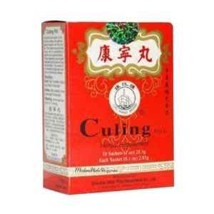 Red and gold box containing 10 sachets, each 0.1 ounce or 2.85 grams, from chu kiang.