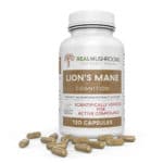 Bottle of 120 capsules of lion's mane cognition capsules, organic extract powder, scientifically verified for active compounds.