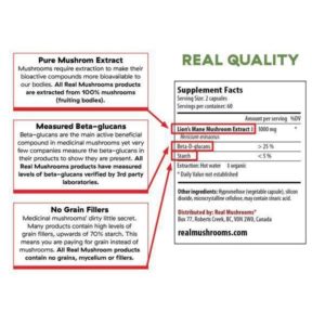 Two parts. On the right side are supplement facts including serving size, ingredients, and distributor information. On the left side are ingredient highlights of pure mushroom extract, measured beta-glucans, and no grain fillers.