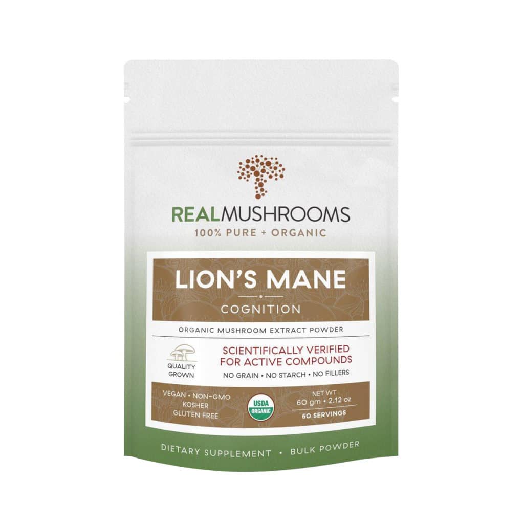 Resealable pouch of 60 servings of lion's mane cognition organic extract powder, scientifically verified for active compounds. Net weight 60 grams or 2.12 ounces.