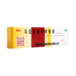 Yellow, red, and white box containing 10 gram tube of hemorrhoid ointment from May Ying Long. Chinese text.