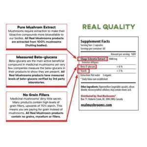 Two parts. On the right side are supplement facts including serving size, ingredients, and distributor information. On the left side are ingredient highlights of pure mushroom extract, measured beta glucans, and no grain fillers.