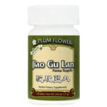 White bottle of 100 Panta Teapills, 500 milligrams each, Jiao Gu Lan, Plum Flower brand. Chinese and English text.