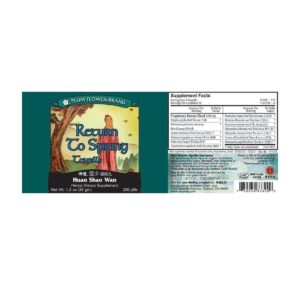 Label with supplement facts, ingredients, quality guarantee, direction, precaution, manufacturer information, and distributor contact. Text is written in english and chinese.