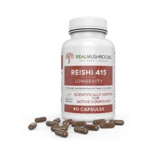 Bottle of 90 capsules of reishi 415 longevity, organic extract powder, scientifically verified for active compounds, 100% pure.