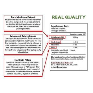 Two parts. On the right side are supplement facts including serving size, ingredients, and distributor information. On the left side are ingredient highlights of pure mushroom extract, measured beta-glucans, and no grain fillers.