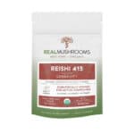 Resealable pouch of 45 servings of reishi 415 longevity organic extract powder, scientifically verified for active compounds. Net weight 45 grams, or 1.59 ounces.