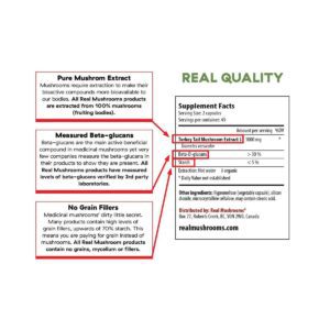 Two parts. On the right side are supplement facts including serving size, ingredients, and distributor information. On the left side are ingredient highlights of pure mushroom extract, measured beta-glucans, and no grain fillers.